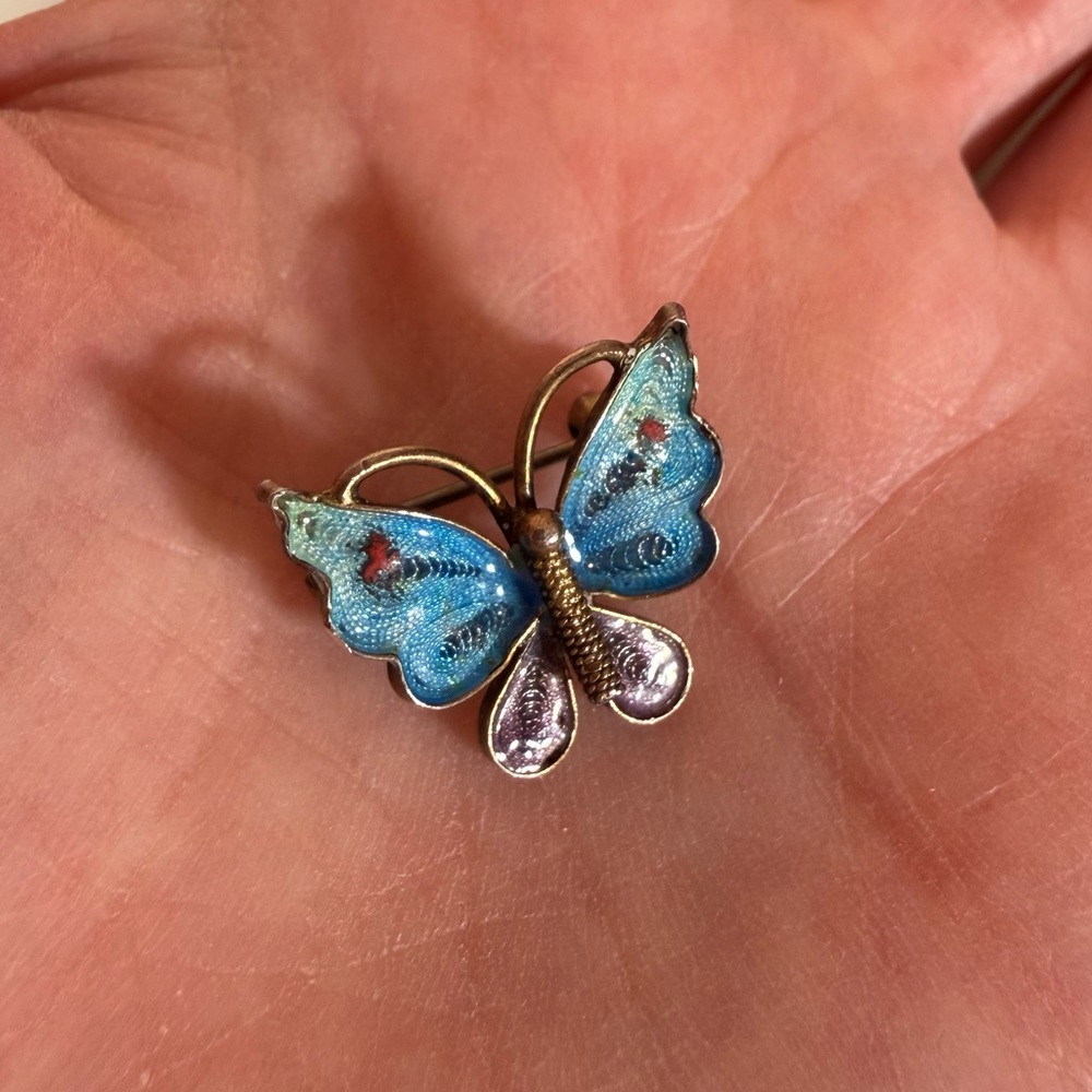 Antique 800 silver deco Filagree blue plique-a-jour Enamel tiny Butterfly brooch - Picture 13 of 17